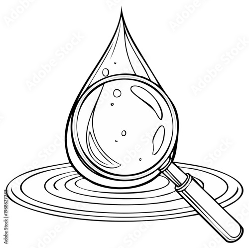 Magnifying glass examining a droplet of water with ripples in a line art style