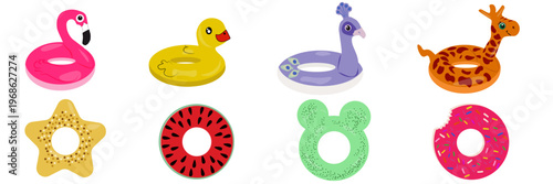 Foto Collection of colorful inflatable pool floats in different shapes including flamingo, duck, giraffe, donut and more