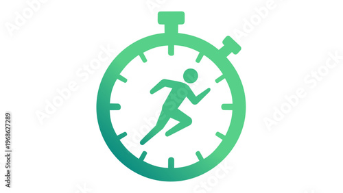 Green gradient vector icon illustration of a running person inside a stopwatch, symbolizing speed, athletic performance, time management, fitness training, sprinting, and fast race results.