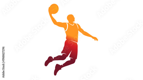 Vibrant gradient vector illustration of a basketball player performing a powerful slam dunk in mid-air, minimalist sports icon for fitness and athletic competition, scalable AI-generated art.
