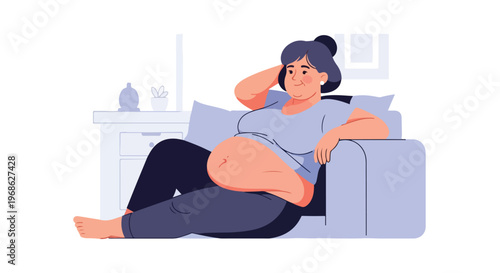 A smiling plus-size woman rests comfortably on a sofa in her cozy living room