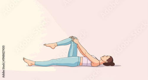 A woman lying on her back performing a knee-to-chest stretch exercise on a mat