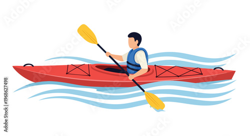 Man Kayaking on Water Vector Illustration