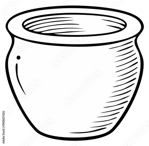 Hand-drawn black and white sketch of a simple empty pot with hatching detail
