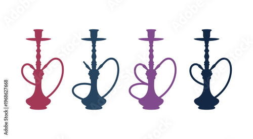 Four colorful hookah pipes in a row, stylized vector illustration, modern shisha concept, vibrant and clean design