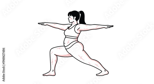 An illustrated woman with stretch marks performing a yoga warrior two pose stance