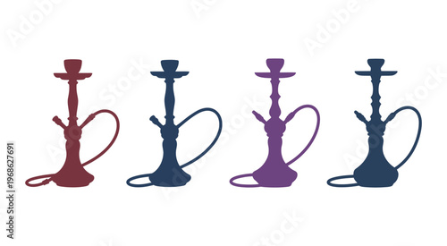 Four colorful hookah pipes in a row, stylized vector illustration, modern shisha concept, vibrant and clean design