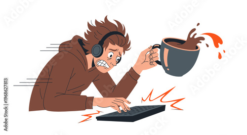 Coffee Fueled Desperation Flat Illustration of a Stressed Remote Worker