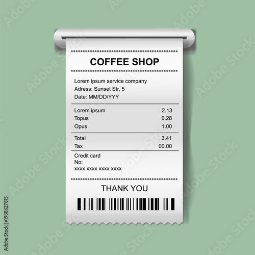 Printed paper receipt, shopping paper prints, bill atm check vector mockup. Coffee shop ticket mockup. check vector template realistic illustration