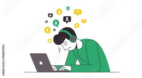 Endless Notifications Flat Illustration of a Stressed Remote Worker's Burden