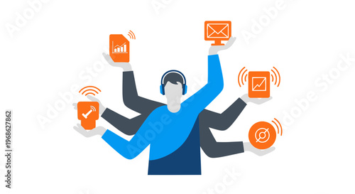 Juggling Tasks A Dynamic Flat Illustration of Overwhelmed Remote Worker