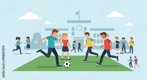 Diverse children playing soccer on a school field in a flat illustrated style