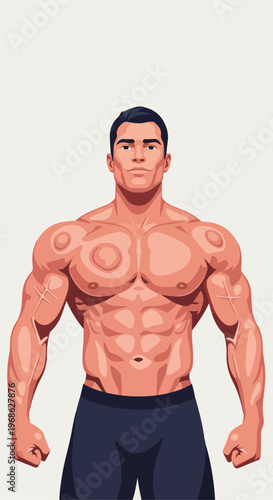 A muscular man with a athletic build and circular marks on his chest and arms