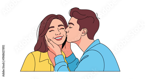 Happy young couple in love, man kissing woman on cheek, romantic illustration