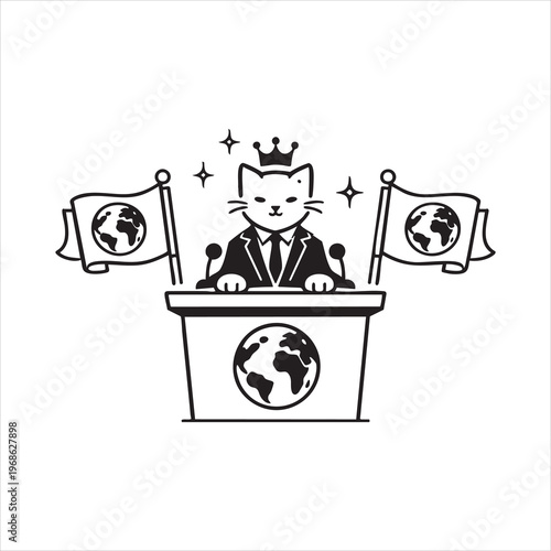 Cat leader wearing crown speaks at podium with earth flags for global speech