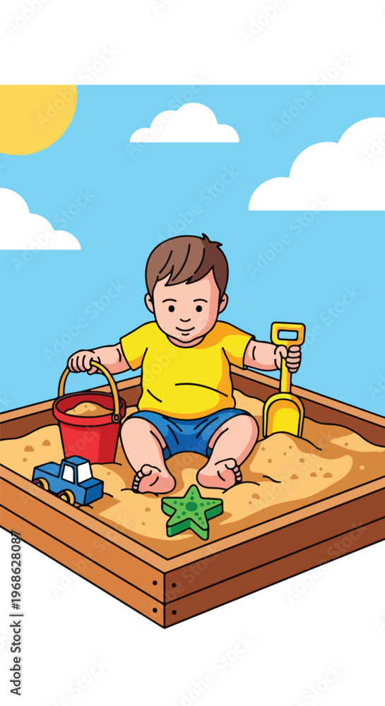 Naklejka premium A young child wearing a yellow shirt plays with toys inside a square sandbox