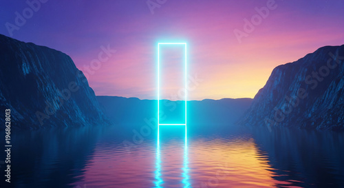 Neon Portal Glowing Frame Over Water Between Mountains At Sunset