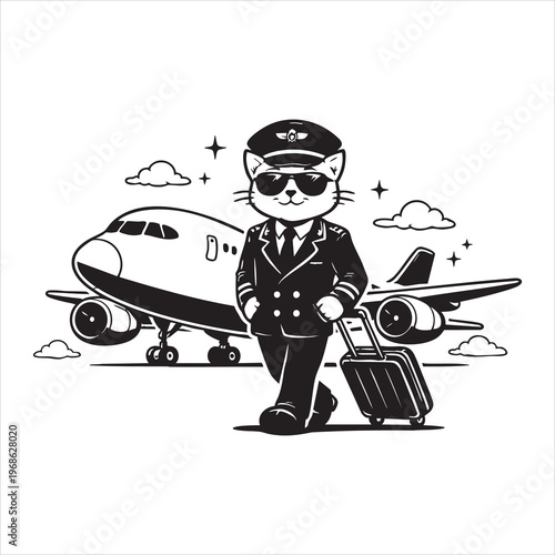 Pilot cat with suitcase walks near airplane on tarmac with clouds and stars.