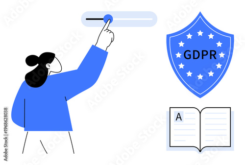 Data privacy, GDPR compliance, online security, personal information protection, legal regulations, digital rights. Person adjusting privacy settings, GDPR shield open book. Data privacy and GDPR