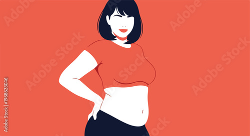 A flat vector illustration of a happy woman with a curvy physique and dark hair