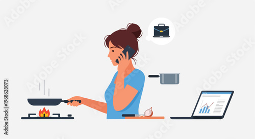 A woman cooks in the kitchen while talking on the phone and checking her laptop