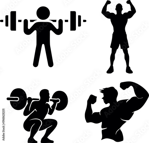 A set of black silhouetted fitness and bodybuilding icons isolated on a white background. The collection includes an athlete lifting a barbell, a bodybuilder posing, a person performing squats with we