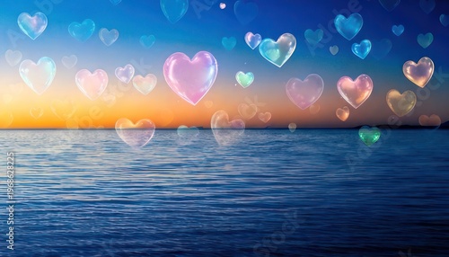 Heart Bubbles Floating Over Ocean at Sunset - A Romantic Scene.