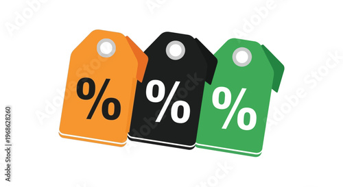 Three colorful price tags displaying percentage signs arranged closely together create a vibrant commercial display silhouette high quality professional detailed modern