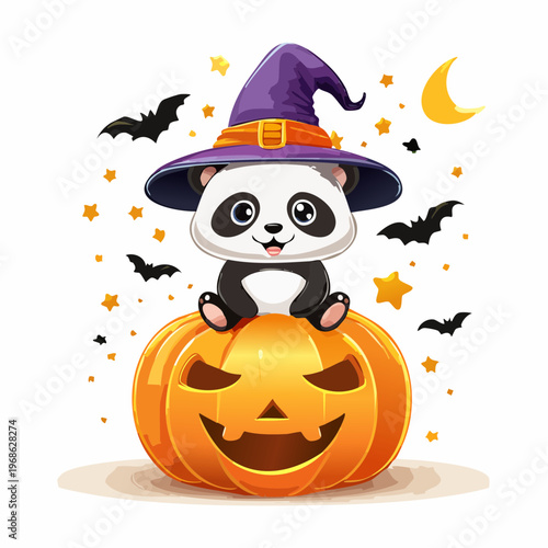 Panda mit Hexenhut auf Kürbis – Kawaii Stil