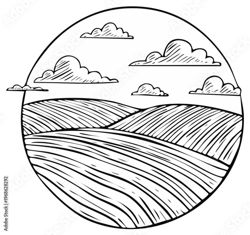 Hand drawn sketch of rolling farmland with clouds in a circle