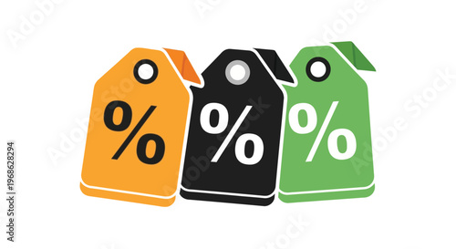 Three colorful price tags displaying percentage symbols arranged closely together in a flat illustrative style silhouette high quality professional detailed modern