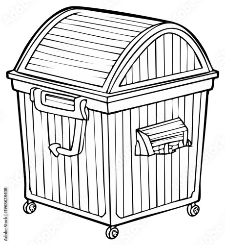Cartoon drawing of an outdoor trash container with a hinged lid and wheels