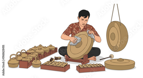 A man sitting cross-legged while polishing a metal gong among traditional music
