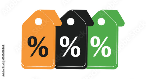 Three colorful price tags displaying percentage signs are arranged closely together creating a striking visual silhouette high quality professional detailed modern