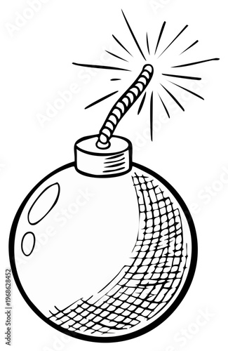 Cartoon illustration of a classic round bomb with a lit fuse and sparking effect