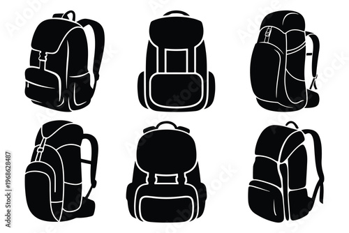 Six black backpacks with white outlines on white background