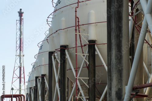 Large industrial plant with many tanks and pipes. The tanks are white and red. The plant is surrounded by a tall tower