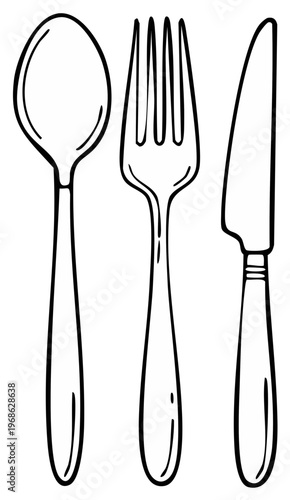 Hand-drawn flatware set featuring a spoon, fork, and knife in a minimalist design for culinary applications