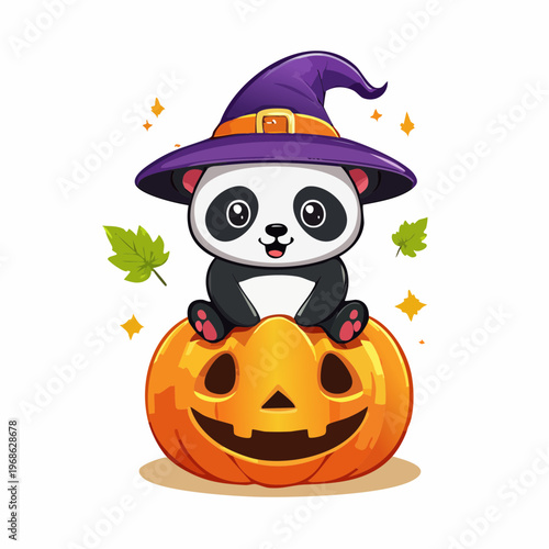 Panda mit Hexenhut auf Kürbis – Kawaii Stil