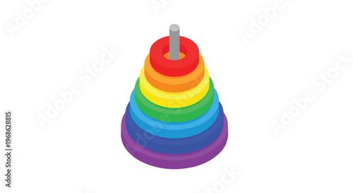 A colorful children's stacking toy with rainbow rings on a grey central post