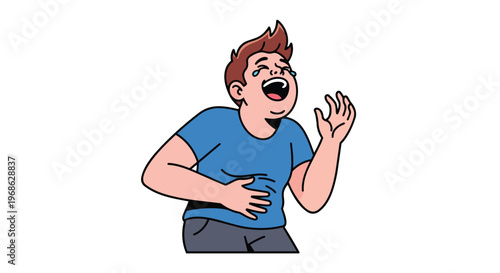 Cartoon illustration of a young man laughing hysterically with tears of joy