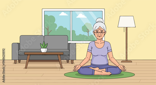 An elderly woman sitting in a lotus position on a mat in a bright living room
