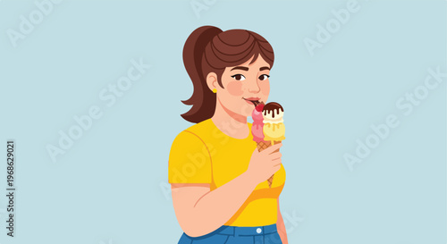 A young woman with a brown ponytail eating a triple scoop ice cream cone dessert