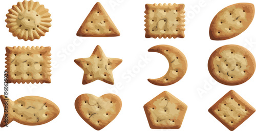 Cartoon cracker chips set with sweet crispy biscuits, traditional bakery snack food, flat style vector isolated collection
