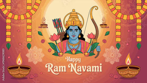 Graceful spiritual Ram Navami design with minimal divine posture, soft golden highlights, mandala background, lotus details, and peaceful festive composition