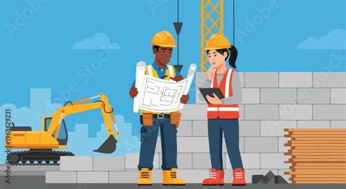 Two construction workers review blueprints and a tablet on a building site