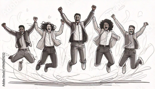 Diverse group of people jumping and celebrating success together.