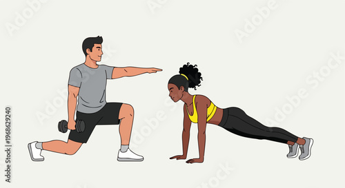 A male fitness instructor guides a female athlete as she performs a plank pose