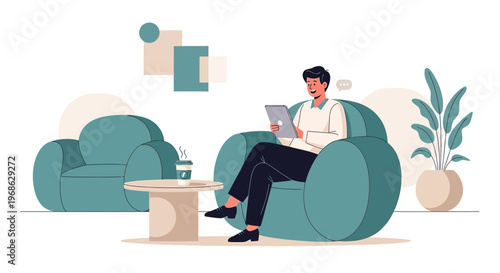 Man Relaxing in Modern Armchair with Tablet and Coffee