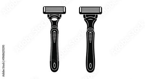 Two black razor depictions are presented showcasing modern designs and ergonomic handles in a stark silhouette high quality professional detailed elegant